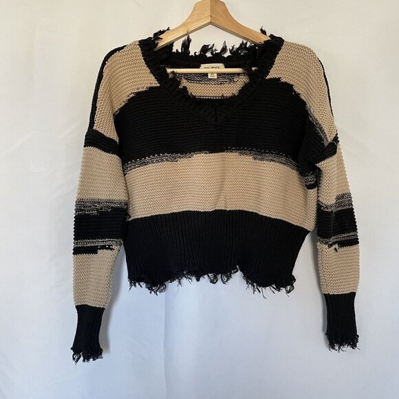 Rag Poets Sweaters - Rag Poets Distressed Black & Beige Sweater XS‎ boho style casual semi cropped